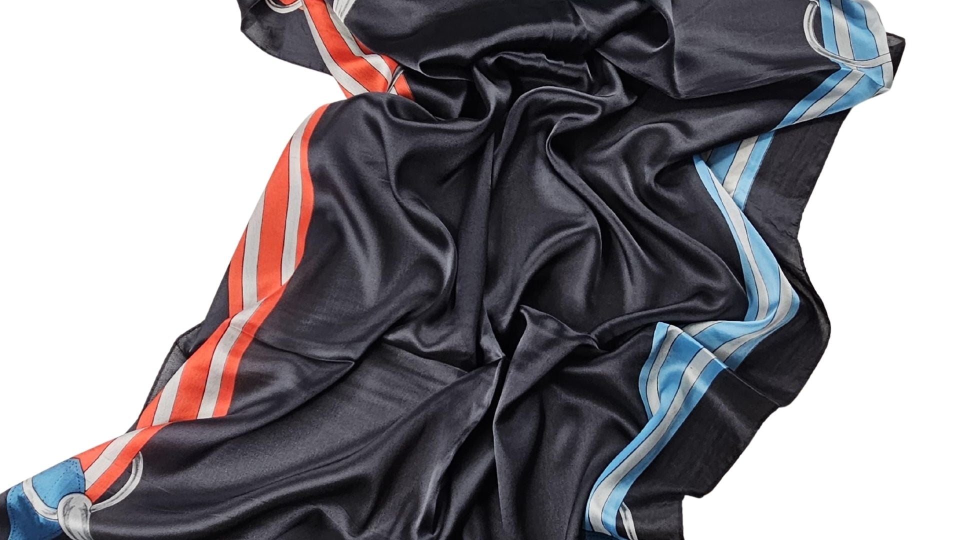 Siyah Çizgi Detaylı Saten Şal – Mavi, Kırmızı ve Sarı Şerit Tasarım