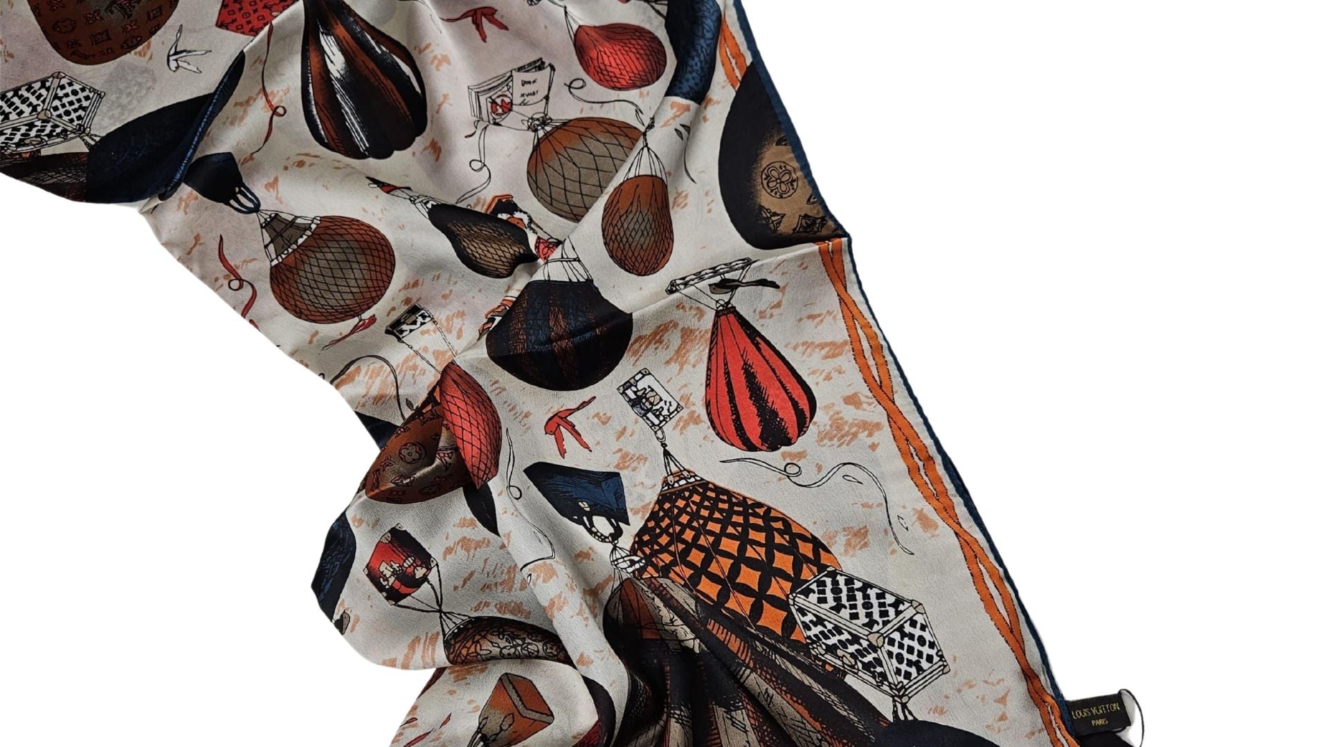 Vintage Balon Desenli Saten Şal – Krem Zemin Üzerinde Sanatsal Tasarım