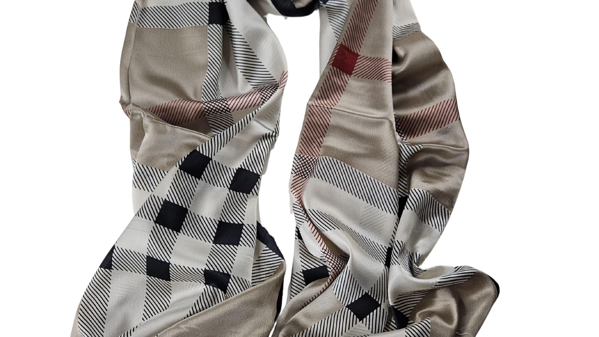 Klasik Ekose Desenli Saten Şal – Soft Bej & Siyah London Koleksiyonu