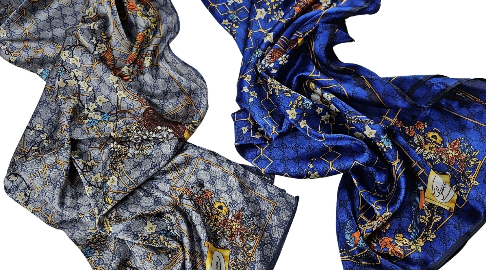Floral & Kafes Desenli Saten Şal – Mavi ve Gri Seçenekli Zarif Koleksiyon
