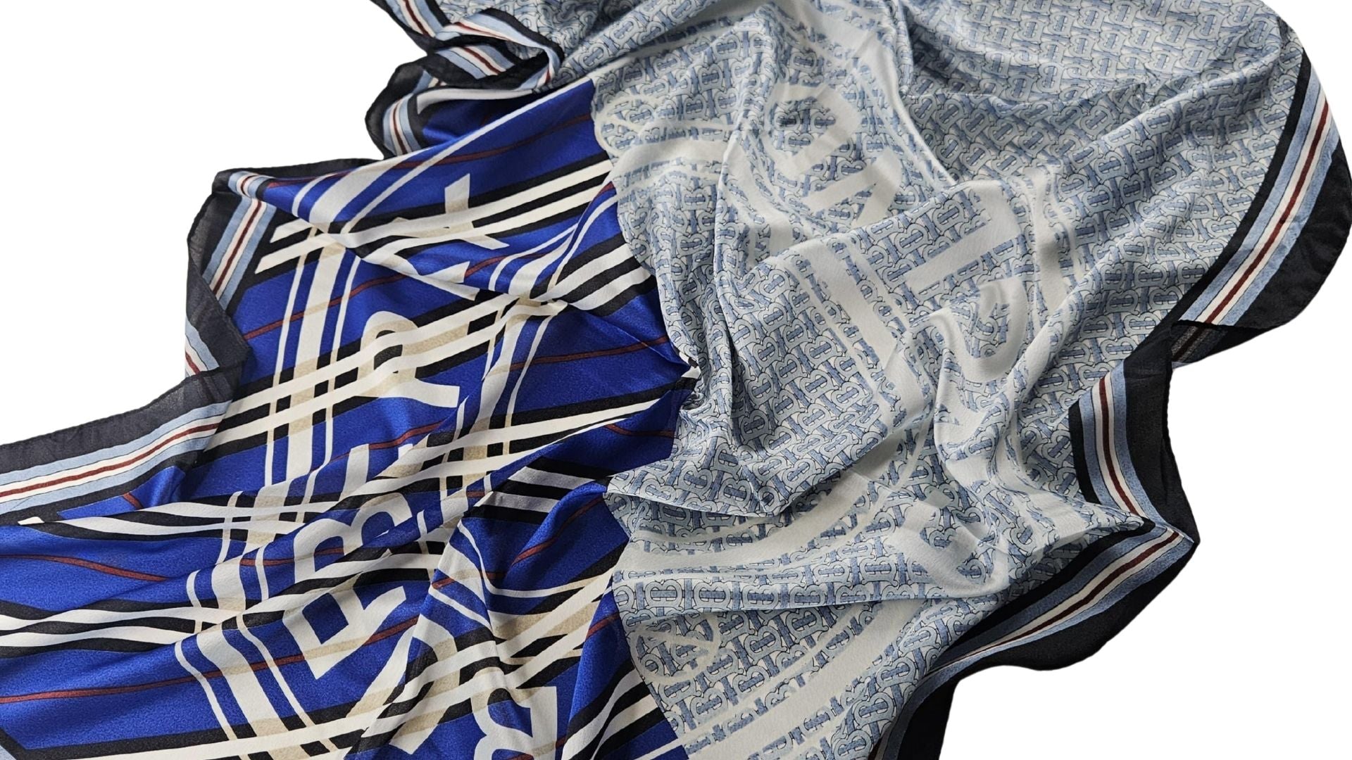 Mavi Geometrik Desenli Saten Şal – Çizgili & Monogram Dokulu